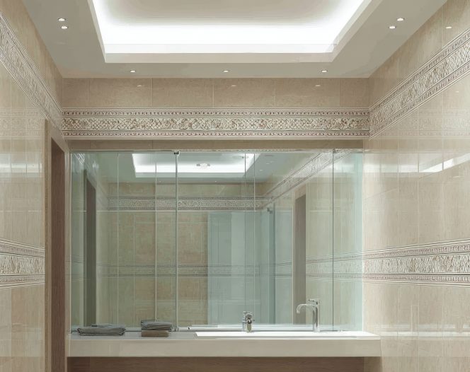 elegant bathroom interior with beige tiles large mirror and modern lighting for home design photo